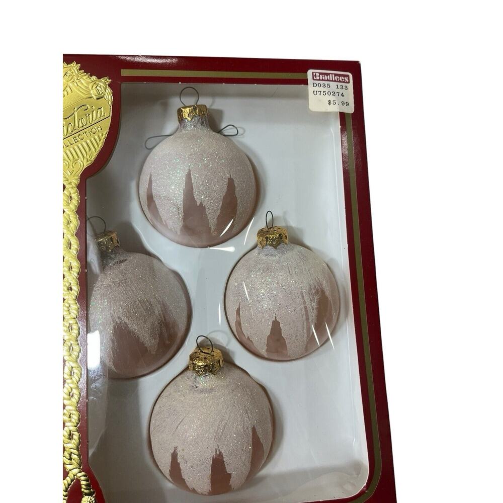 Vtg Glitter Snowcap Ball Ornament Rose Pink Victoria Collection NIB Set of 4